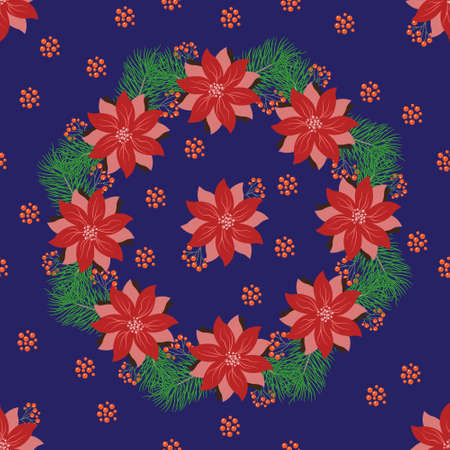 Christmas wreath with fir tree Wreath with berries and flowers, poinsettia and decorative elements. Design element for Christmas decoration. Vector illustrationのイラスト素材
