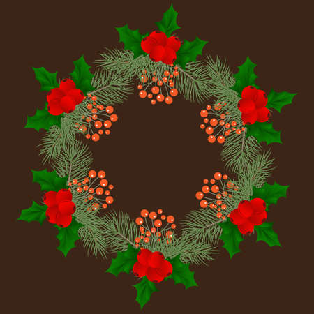 Christmas wreath with fir tree Wreath with berries and flowers, poinsettia and decorative elements. Design element for Christmas decoration. Vector illustrationのイラスト素材