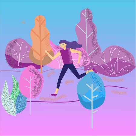 Woman running in the Park, morning Jogging, flat vector illustration concept. Healthy activity. Park, trees, bushes at dawn, vectorのイラスト素材