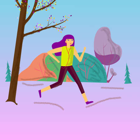 Woman running in the Park, morning Jogging, flat vector illustration concept. Healthy activity. Park, trees, bushes at dawn, vectorのイラスト素材