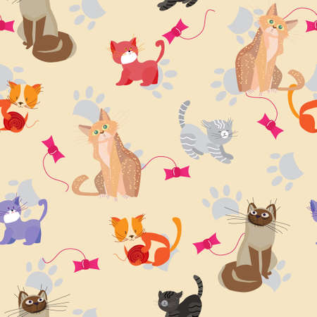 Cute cats and kittens, seamless pattern with Pets playful and beloved animals, vector illustrationのイラスト素材