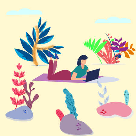 Female freelancer working on laptop in Park in nature, vector illustration in style cartoon funny flatのイラスト素材
