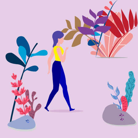 Woman walking in the Park among plants, vector illustration with funny flat and colorful style - flatのイラスト素材