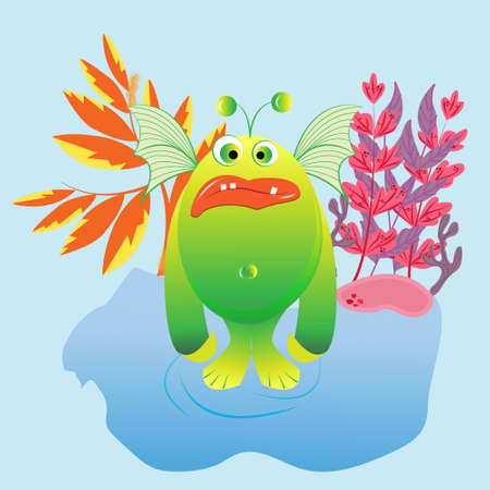 Funny, cute monsters on the background of fantastic plants, vector illustrationのイラスト素材