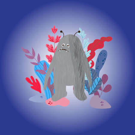 Funny, cute monsters on the background of fantastic plants, vector illustrationのイラスト素材