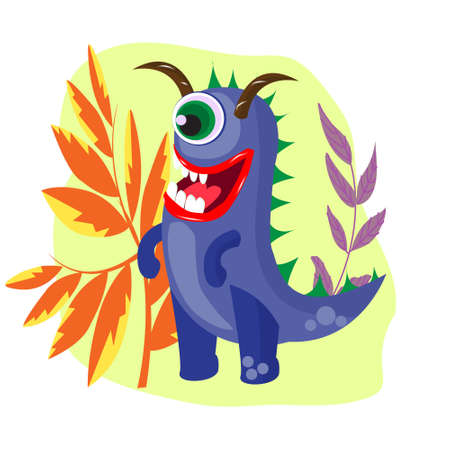 Funny, cute monsters on the background of fantastic plants, vector illustrationのイラスト素材