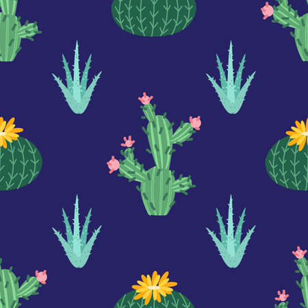 Cactus flower. Bright cacti, aloe leaves, exotic cactuses plants succulent summer desert tropical flora cartoon, seamless pattern, botanical vector collectionのイラスト素材