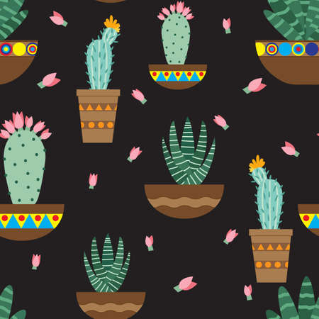 Cactus flowers in ceramic pots with ornaments. Bright cacti, aloe leaves, exotic cacti plants juicy summer desert tropical flora cartoon, seamless background, Botanical vector collectionのイラスト素材