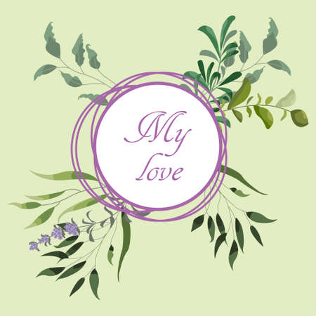 Vector card floral design with green watercolor fern leaves tropical forest greenery herbs decorative frame, border. Elegant beauty cute greeting, wedding invite, postcard template. My love letteringのイラスト素材