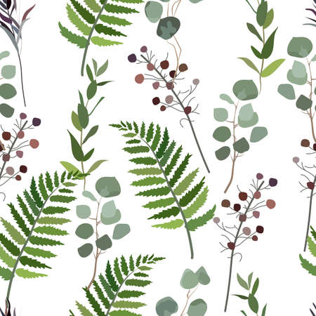 Seamless pattern of green plants on white background. For wedding decor, postcards and textiles,...
