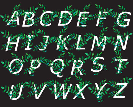 Decorative alphabet decorated with green branches for the design of postcards, banners, cards and logos. Vector illustrationのイラスト素材