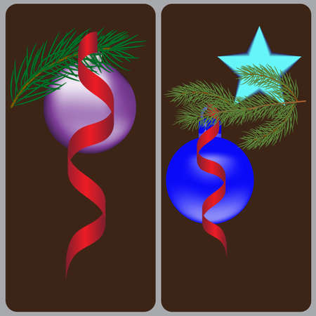 Christmas card with spruce branch, beautiful, bright balls and other decorations. Vector illustrationのイラスト素材
