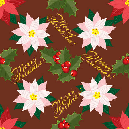Seamless pattern of bright and delicate poinsettia and Holly leaves and red mistletoe berries and Golden inscription merry Christmas, Vector illustrationのイラスト素材