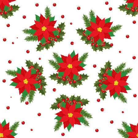 A seamless pattern of bright and delicate poinsettia and Holly leaves and red mistletoe berries and Christmas tree branches. Vector illustrationのイラスト素材