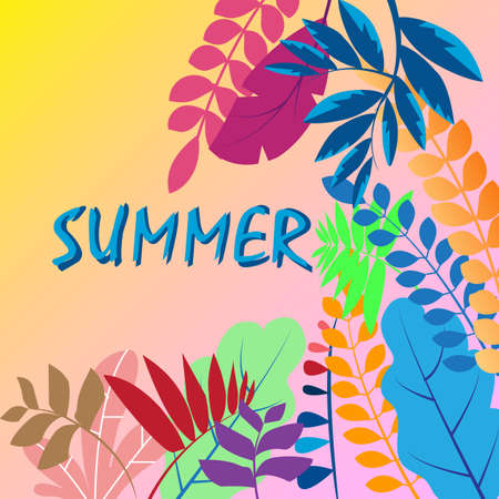 Summer vector illustration with bright tropical leaves and elements. Hand drawn multicolor plants and lettering Exotic background perfect for prints,flyers,banners,invitations,social media.のイラスト素材