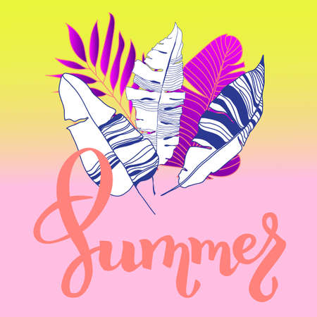Summer vector illustration with bright tropical leaves and elements. Hand drawn multicolor plants and lettering Exotic background perfect for prints,flyers,banners,invitations,social media.のイラスト素材
