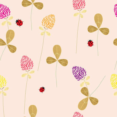 Pattern with flowers and leaves of clover, as well as with insects, Botany. Seamless pattern for Wallpaper, web page background fill pattern, surface textures. Vector illustrationのイラスト素材