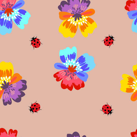 Pattern with spring flowers of violets, as well as with botany insects. Seamless pattern for Wallpaper, web page background fill pattern, surface texture. Vector illustrationのイラスト素材