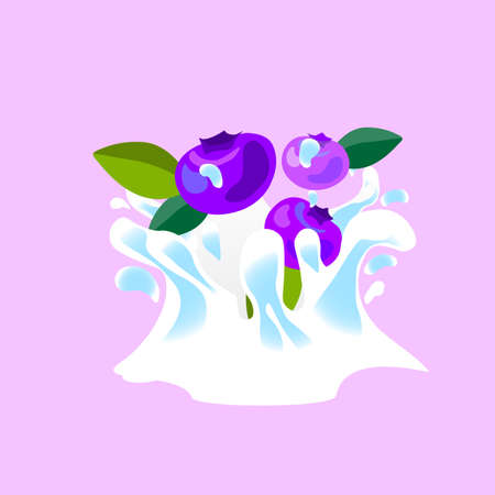 Spray and drop, the movement of the liquid, blueberries, splash of juice and yogurt, drops and stains. Abstract vector illustrationsのイラスト素材