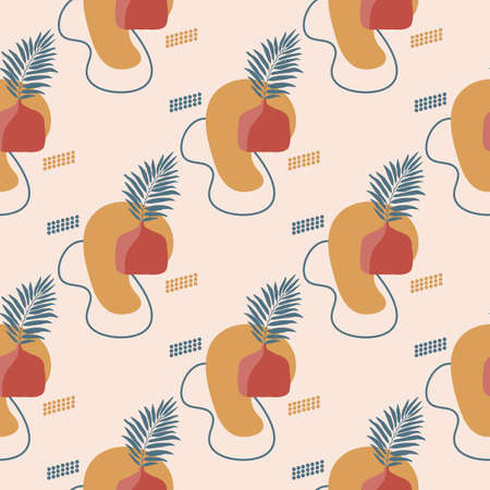 Seamless abstract pattern with stylish ceramic terracotta vases and tropical leavesのイラスト素材