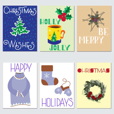 Set of cards for Christmas, with hand lettering on a festive theme, vector illustrationのイラスト素材