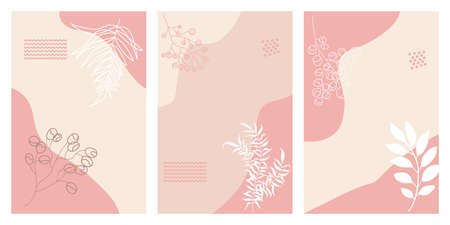 Creative universal aesthetic floral cards, hand drawn abstract shapes texture. Modern trendy graphic design template for poster, card, banner, cover, placard, flyer, brochure. Scandinavian styleのイラスト素材