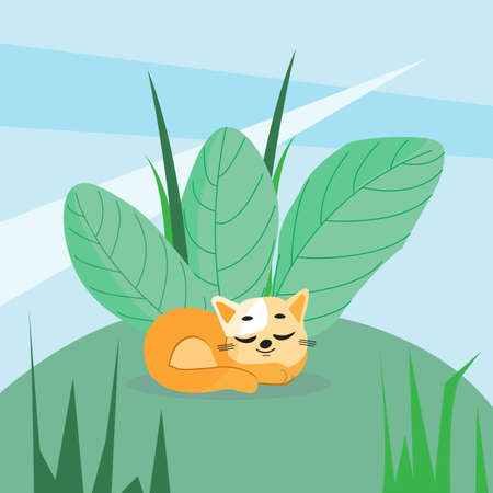 Sleeping cute kitty on a vegetable background, vector illustrationのイラスト素材