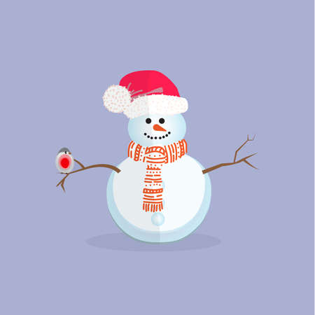 Winter landscape, cheerful snowman and bullfinch, new year and Christmas holiday period is Coming, flat style vector illustrationのイラスト素材