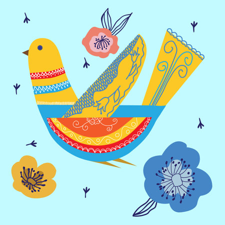 Fantastic bird in the Scandinavian style folk art for design cards, banners, posters. vector illustrationのイラスト素材