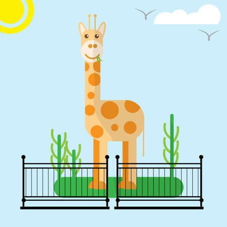 Illustration of a giraffe in a zoo, bright sunny day, for children's needs, Flat style, Postcard, cover, games. Vector illustrationのイラスト素材