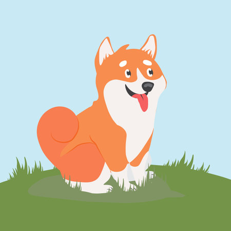 Cute friendly dog on a walk in the field, vector illustration in cartoon styleのイラスト素材
