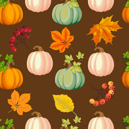 Autumn pumpkins, beautiful leaves and rowan berries in a seamless pattern on a bright background, vectorのイラスト素材