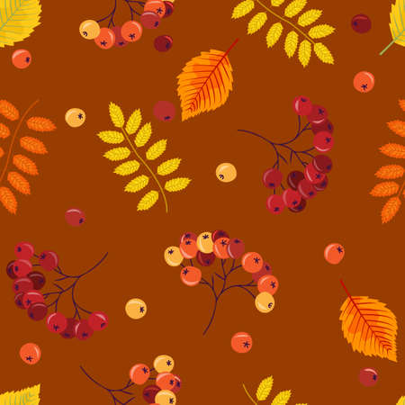 Seamless pattern with beautiful autumn leaves and rowan berries on a bright background, vectorのイラスト素材