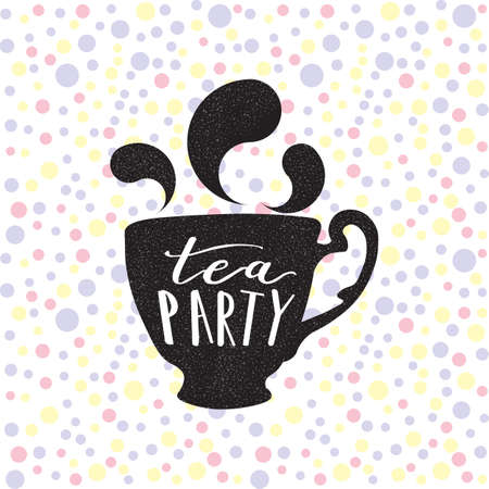 Tea party - hand drawn lettering with decorative elements and elegant cup silhouette. Relaxing calligraphic text for kitchen, home, cafe, poster, print, apparel. vector illustrationのイラスト素材