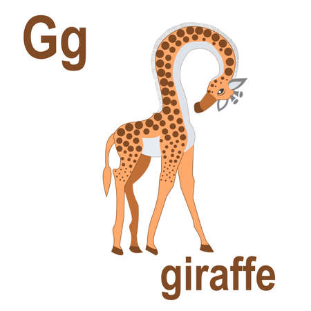 Cute giraffe, long neck, with beautiful bright spots on the body, jungle and savannah, ABC children's banner. Postcards, a poster with the alphabet. game room design. Gee is a giraffe. vectorのイラスト素材