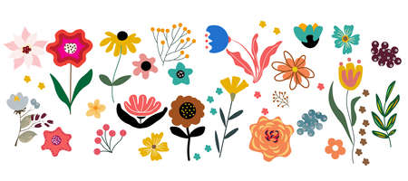 Modern set of abstract elements flowers and leaves, bright minimal design, vector illustrationのイラスト素材