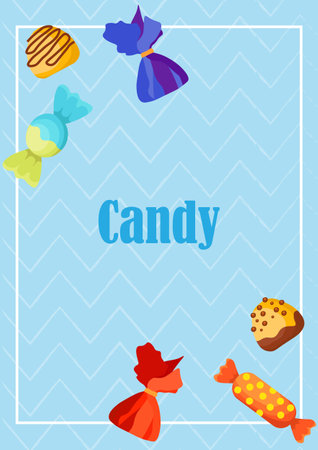 A poster, a leaflet with bright delicious chocolates, chocolate, in bright wrappers with a handwritten inscription candy on a beautiful geometric background. vector illustrationのイラスト素材