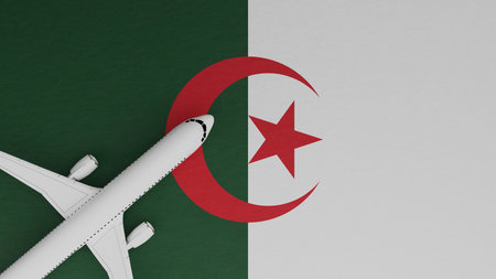 Top Down View of a Plane in the Corner on Top of the Country Flag of Algeriaの写真素材