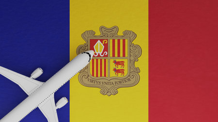 Top Down View of a Plane in the Corner on Top of the Country Flag of Andorraの写真素材