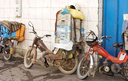 Old motorbike used as mini-trucks (Morocco)の写真素材