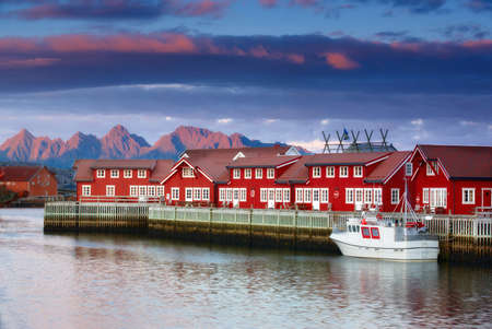 Harbor houses in Svovlvaer, Lofoten, Norwayの写真素材