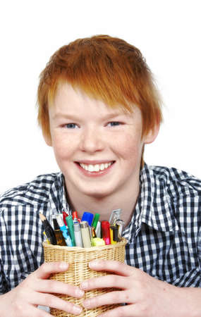 A portrait of a happy school boyの写真素材