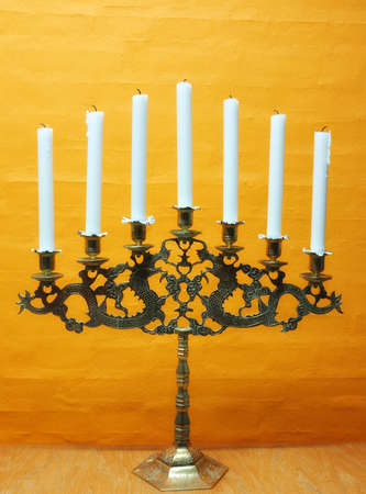 A photo of Hanukkah menorah with candlesの写真素材