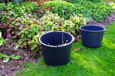 A photo of two buckets in a gardenの写真素材