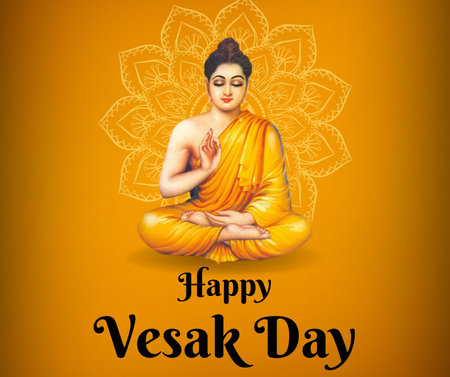 Happy Vesak day greeting card with Buddha statue. Vector illustration.の写真素材