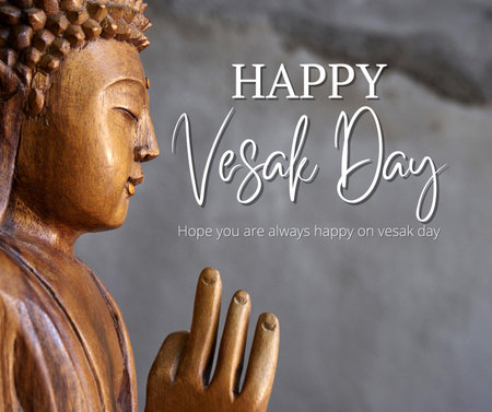 Happy Vesak Day text on wooden buddha statue background.の写真素材