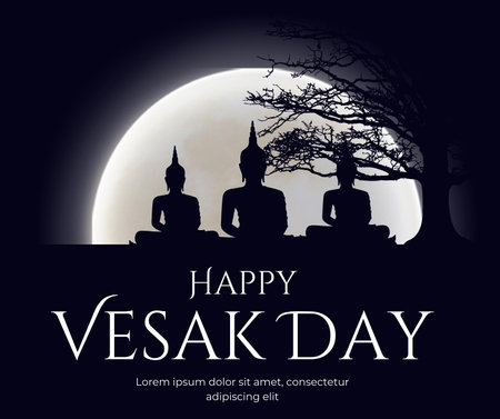 Happy Vesak Day background with Buddha statue and full moon. Vector illustration.の写真素材