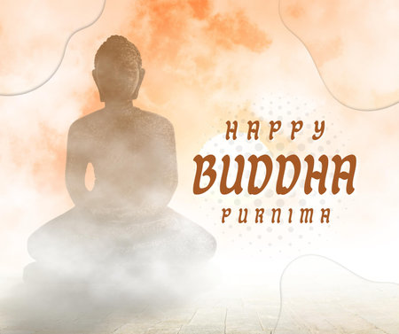 Buddha statue with text Happy Buddha Purnima on abstract backgroundの写真素材