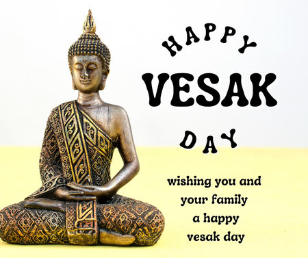 Happy Vesak day greeting card with Buddha statue on yellow and white backgroundの写真素材
