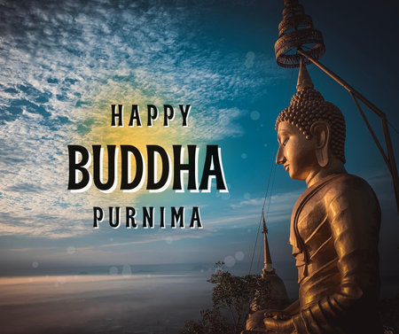 Buddha statue with text Happy Budhha Purnimaの写真素材